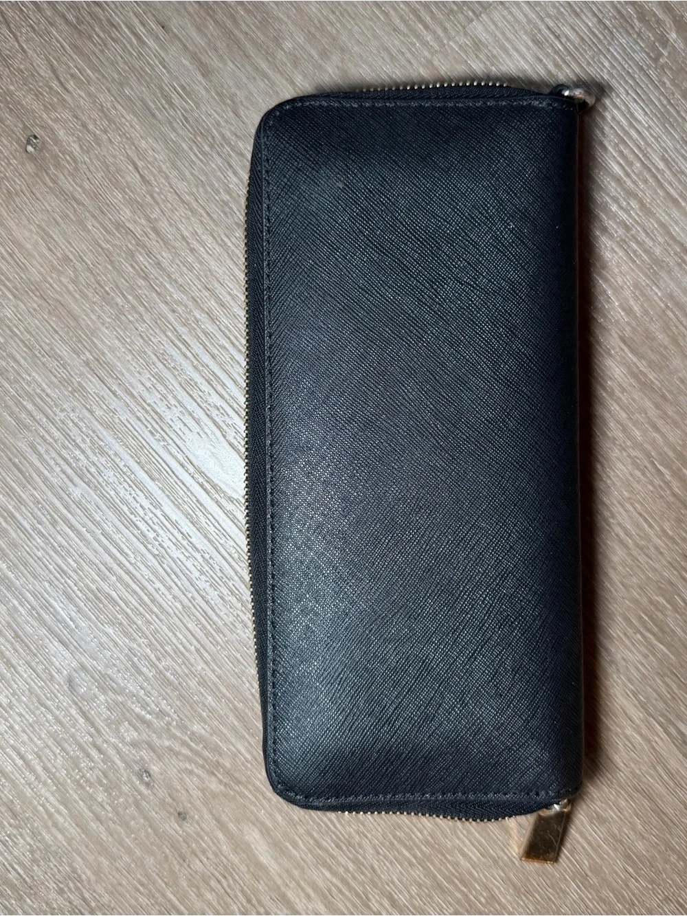 Michael Kors Black Zip-Around Saffiano Wallet with Gold Logo